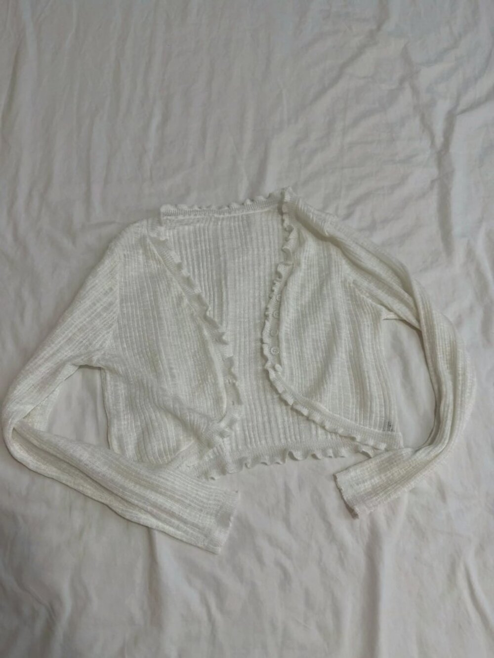 White Ribbed Knit Cardigan Ruffle Edge Cropped Shrug Coquette XS